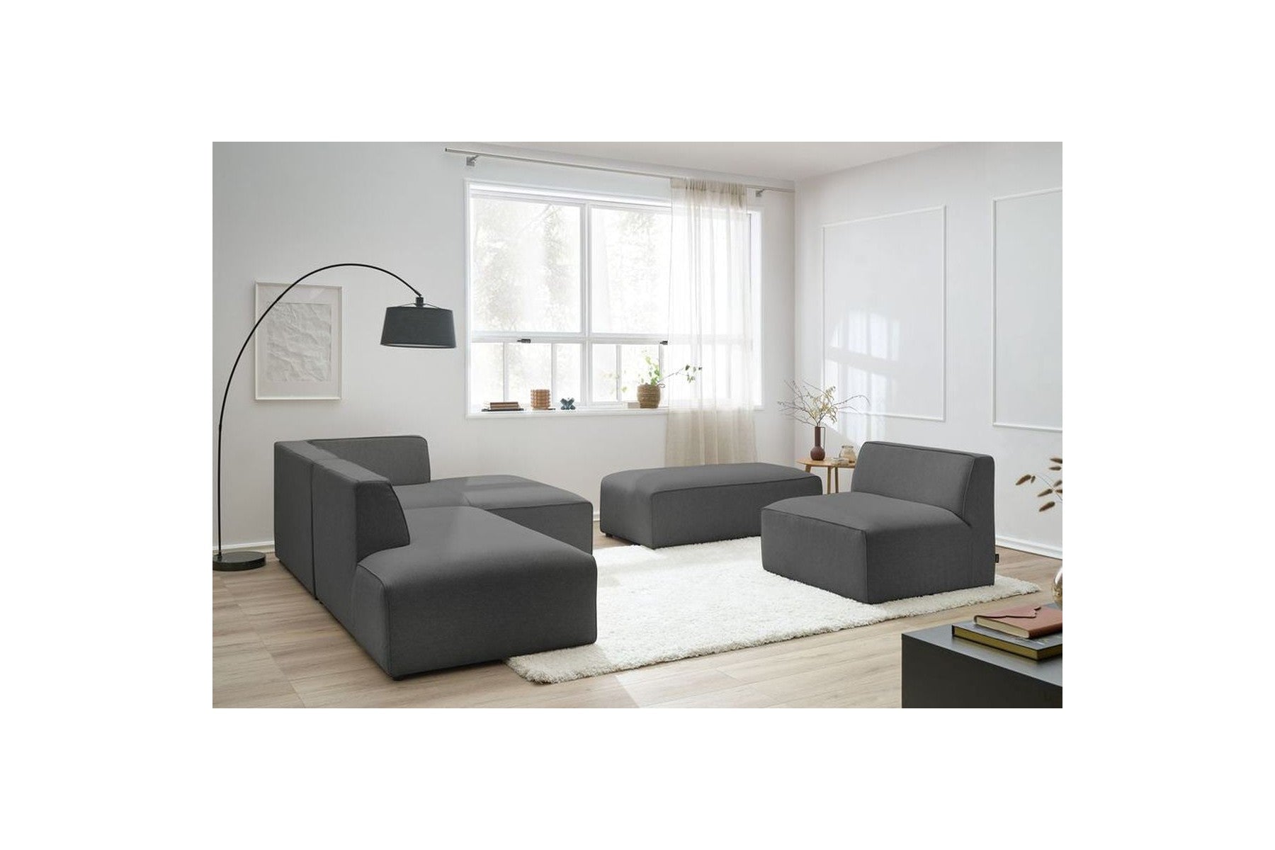 Megeve - Canapé D'Angle Fixe Modulable - Tissu Lisse Avec 1 Chauffeuse Et 1 Pouf - Angle Droit
