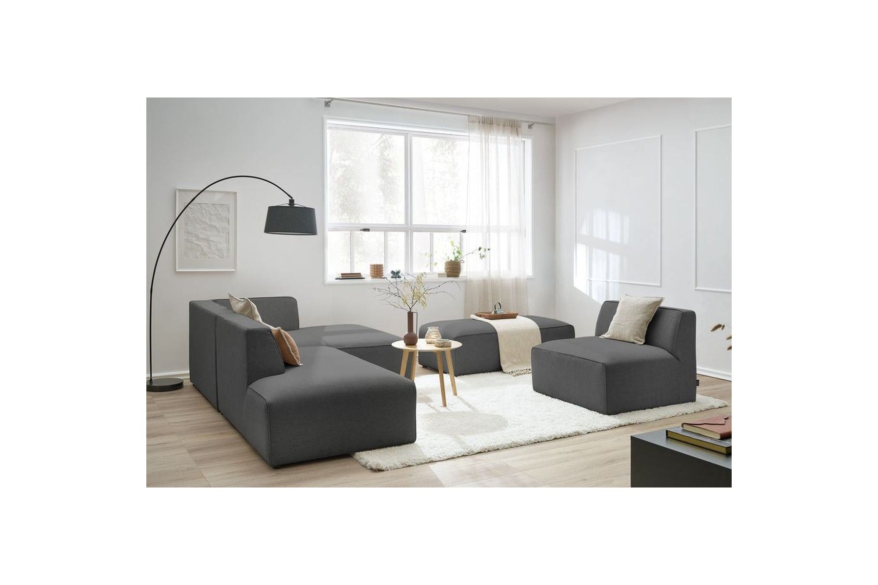 Megeve - Canapé D'Angle Fixe Modulable - Tissu Lisse Avec 1 Chauffeuse Et 1 Pouf - Angle Droit