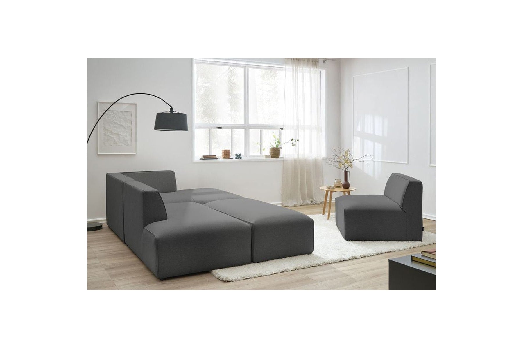 Megeve - Canapé D'Angle Fixe Modulable - Tissu Lisse Avec 1 Chauffeuse Et 1 Pouf - Angle Droit