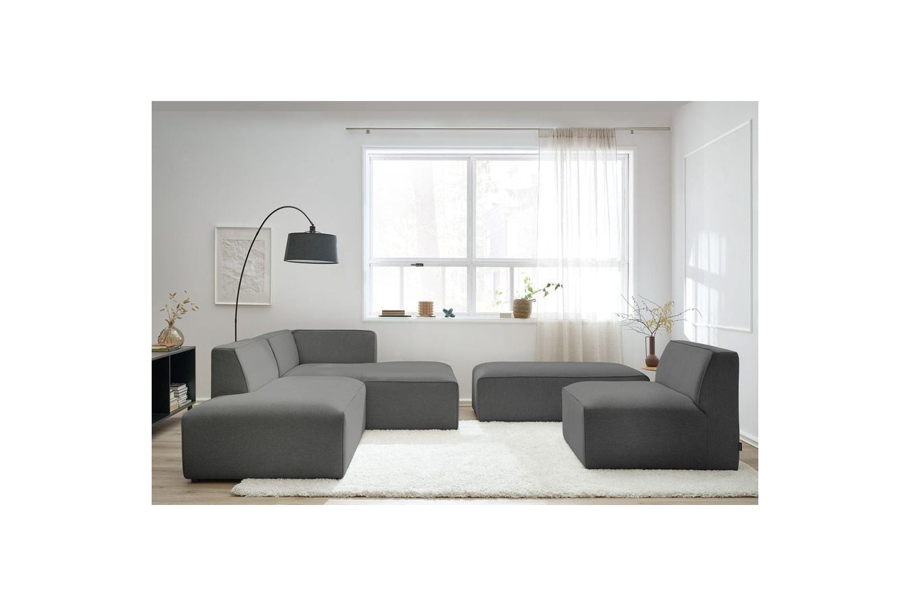 Megeve - Canapé D'Angle Fixe Modulable - Tissu Lisse Avec 1 Chauffeuse Et 1 Pouf - Angle Droit