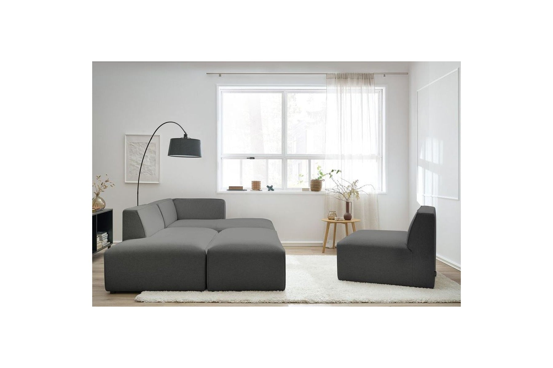 Megeve - Canapé D'Angle Fixe Modulable - Tissu Lisse Avec 1 Chauffeuse Et 1 Pouf - Angle Droit