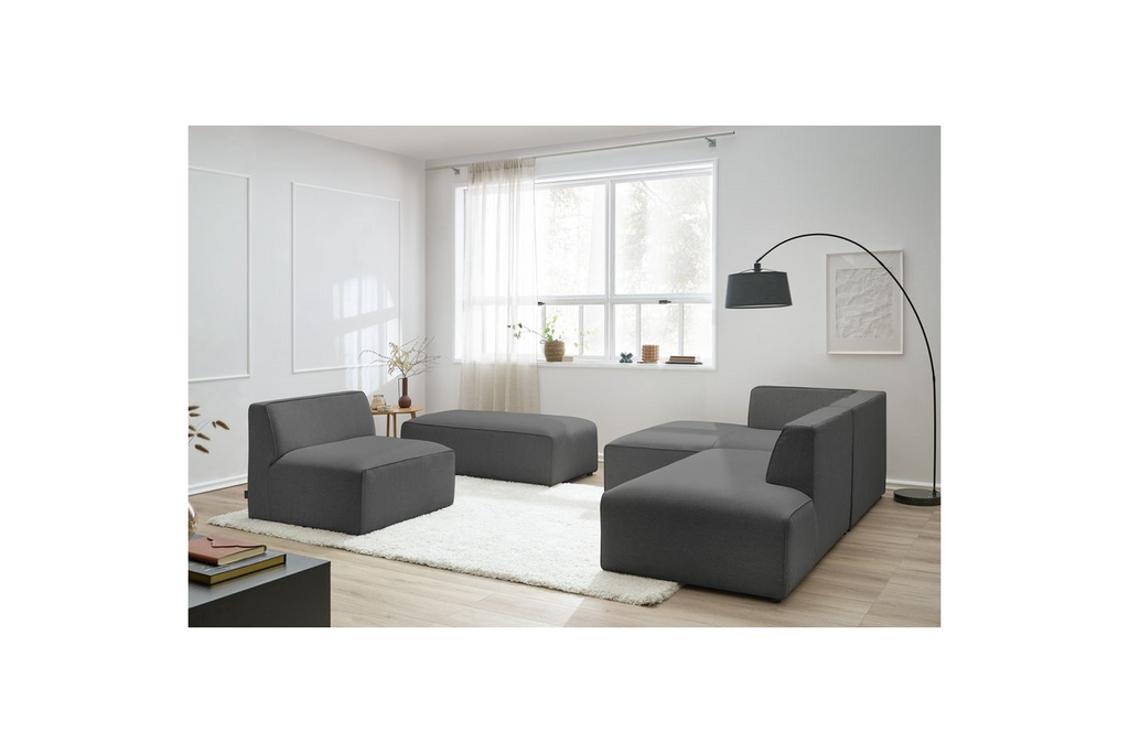 Megeve - Canapé D'Angle Fixe Modulable - Tissu Lisse Avec 1 Chauffeuse Et 1 Pouf - Angle Gauche