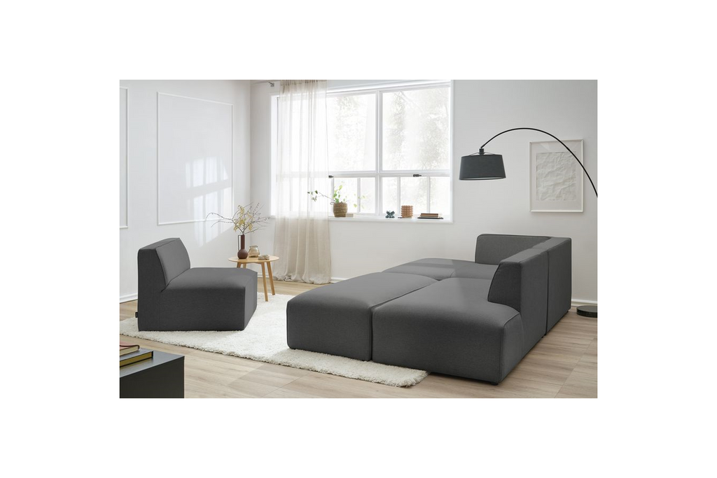 Megeve - Canapé D'Angle Fixe Modulable - Tissu Lisse Avec 1 Chauffeuse Et 1 Pouf - Angle Gauche