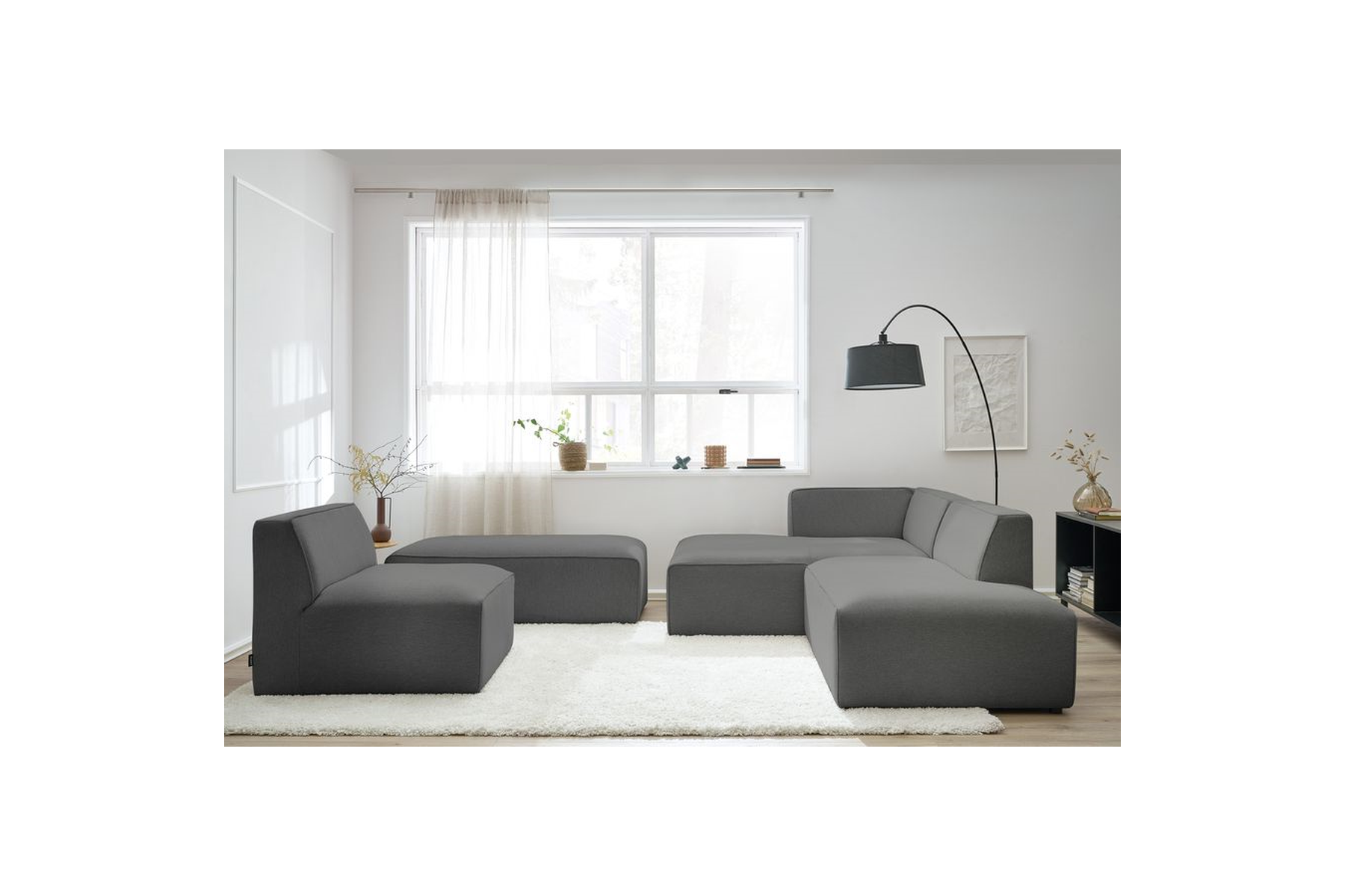 Megeve - Canapé D'Angle Fixe Modulable - Tissu Lisse Avec 1 Chauffeuse Et 1 Pouf - Angle Gauche