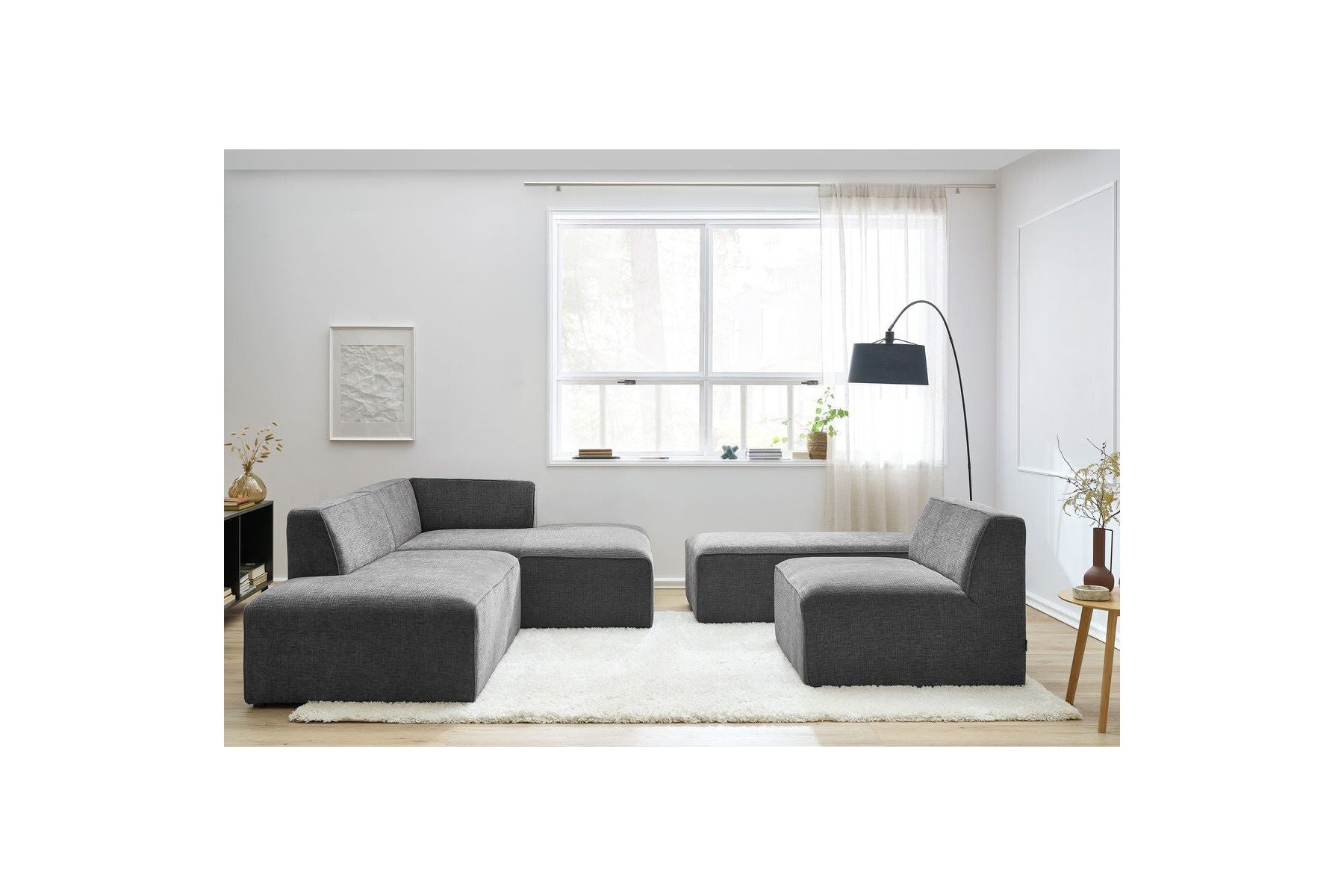 Canapé D'Angle Fixe Modulable - Megeve - Tissu Texturé - Avec 1 Chauffeuse Et 1 Pouf - Angle Droit