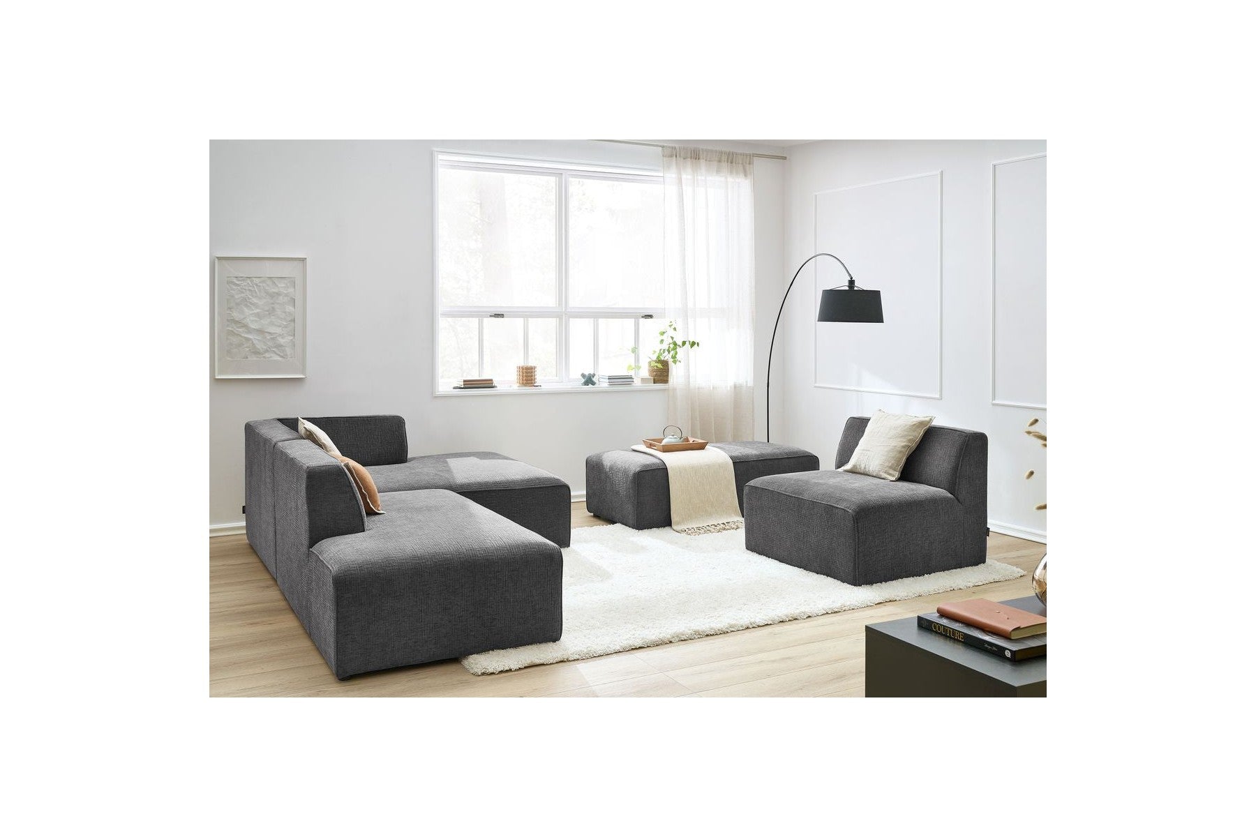 Canapé D'Angle Fixe Modulable - Megeve - Tissu Texturé - Avec 1 Chauffeuse Et 1 Pouf - Angle Droit