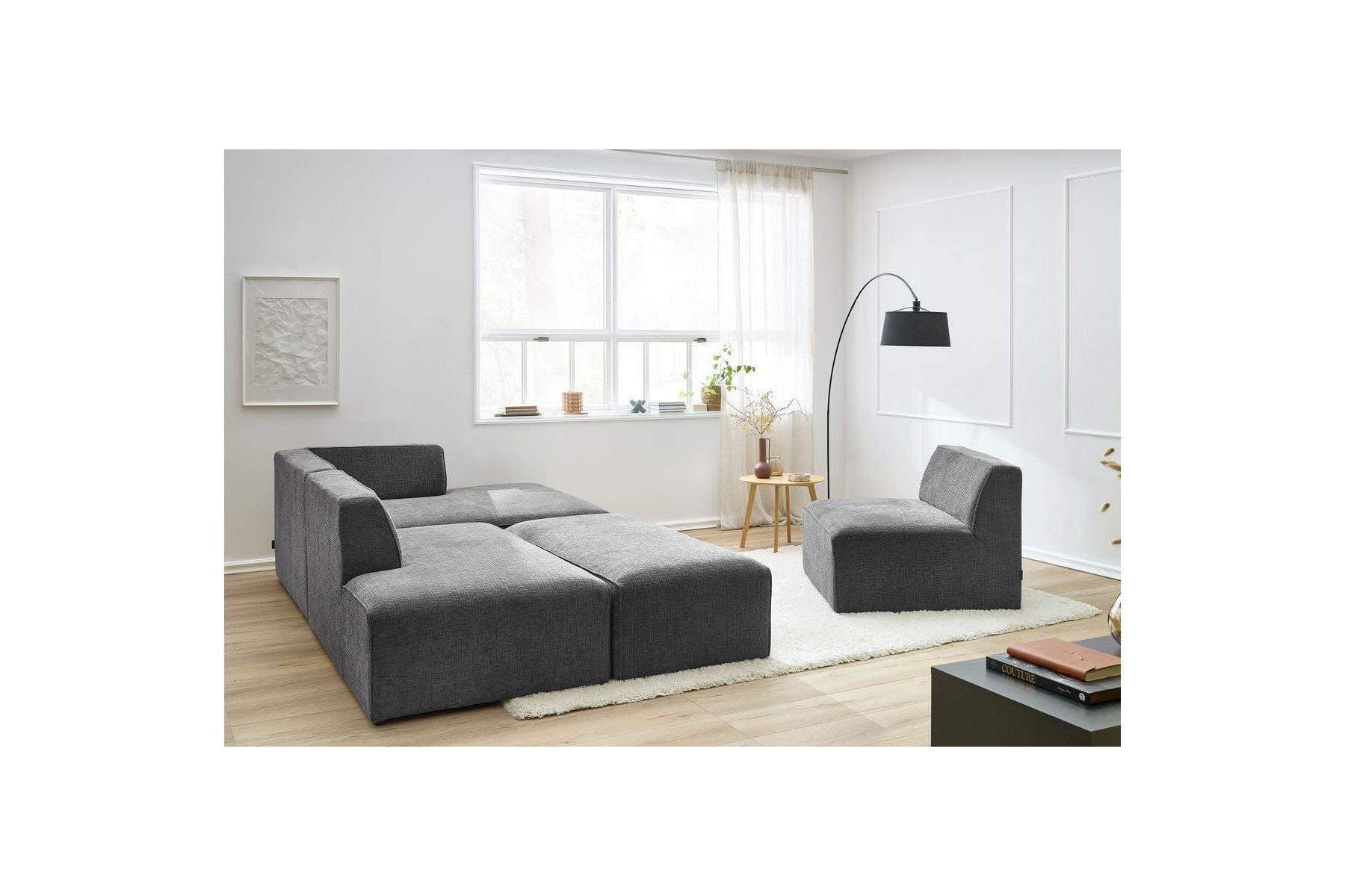Canapé D'Angle Fixe Modulable - Megeve - Tissu Texturé - Avec 1 Chauffeuse Et 1 Pouf - Angle Droit