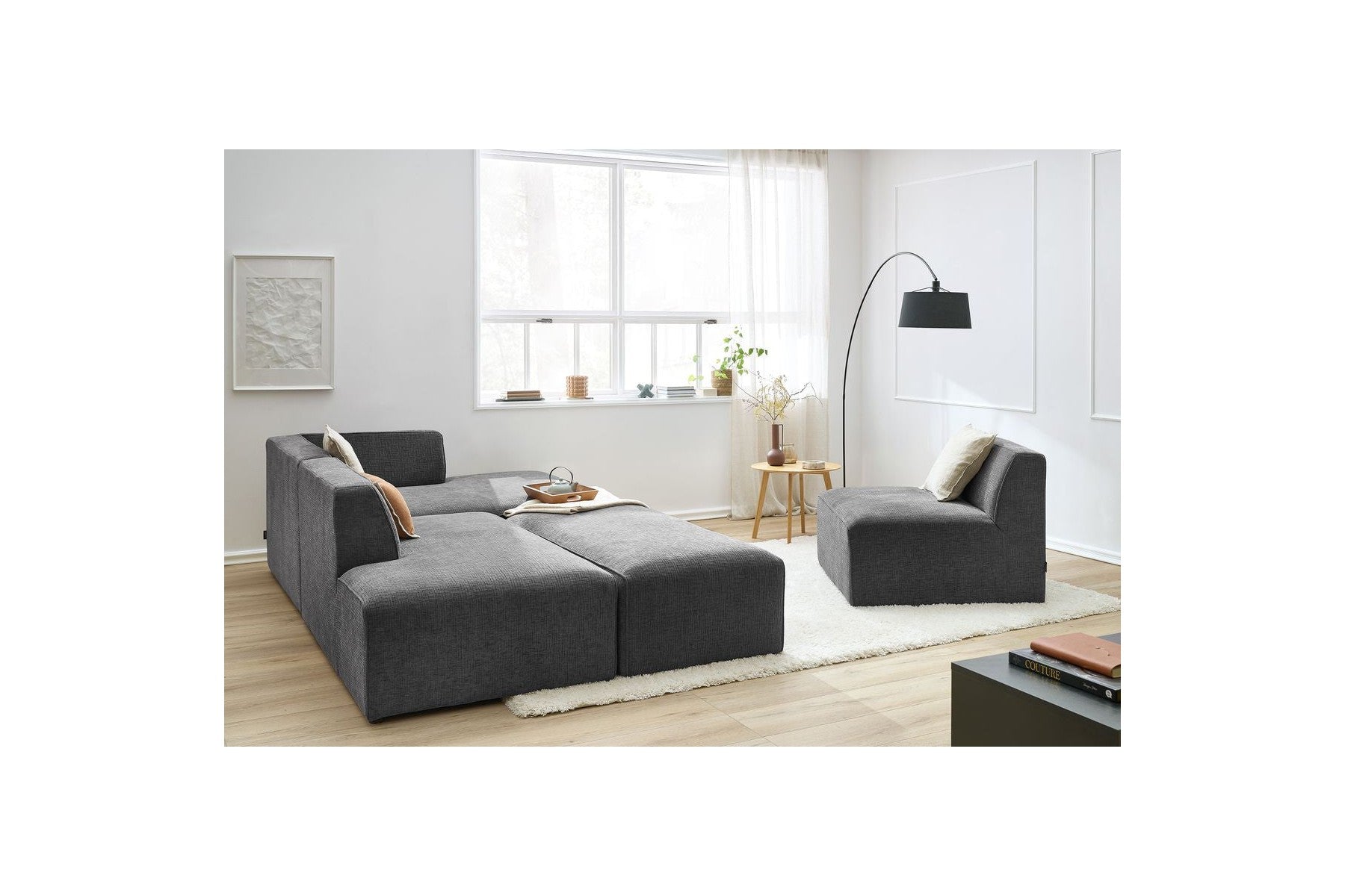 Canapé D'Angle Fixe Modulable - Megeve - Tissu Texturé - Avec 1 Chauffeuse Et 1 Pouf - Angle Droit