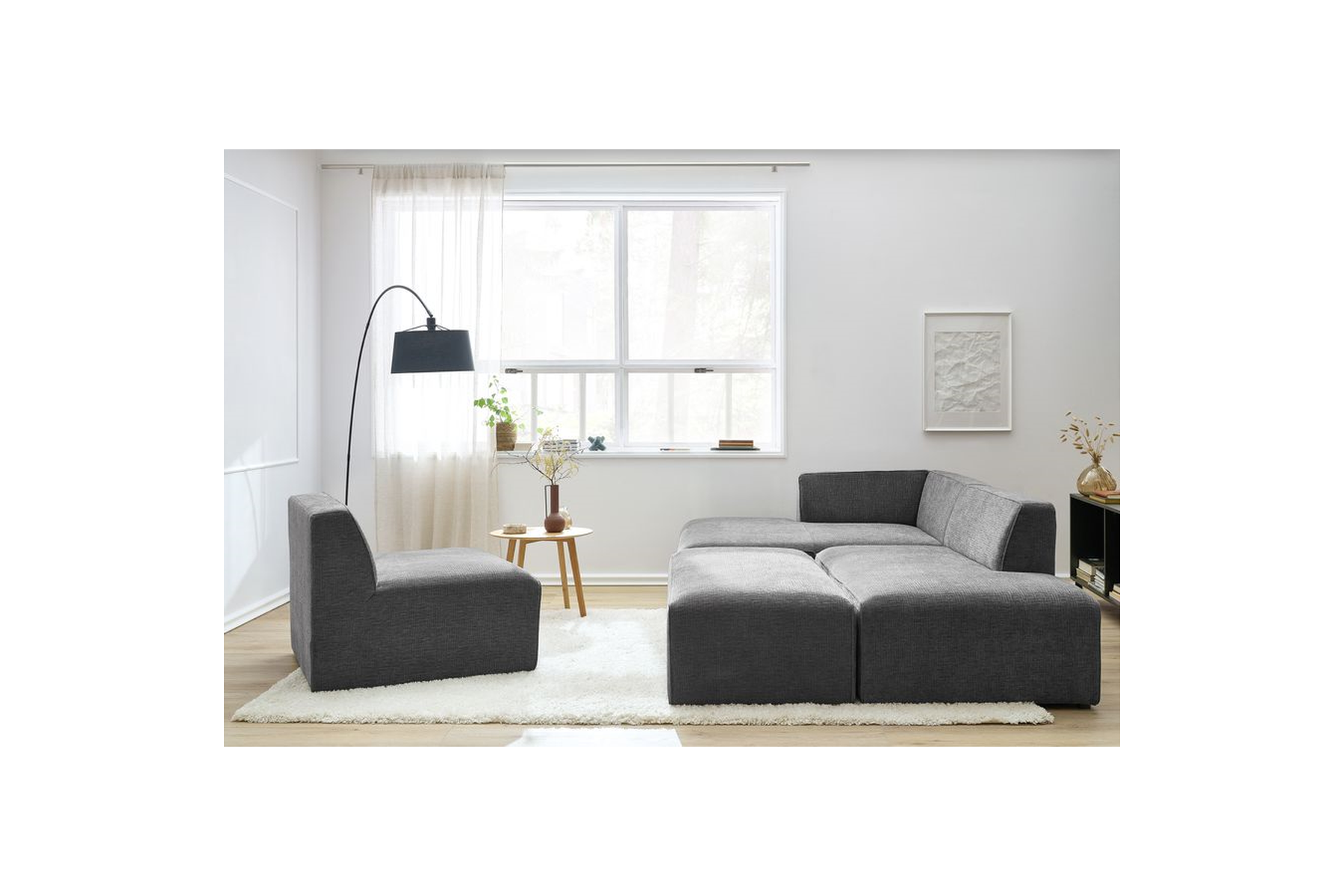 Canapé D'Angle Fixe Modulable - Megeve - Tissu Texturé - Avec 1 Chauffeuse Et 1 Pouf - Angle Gauche