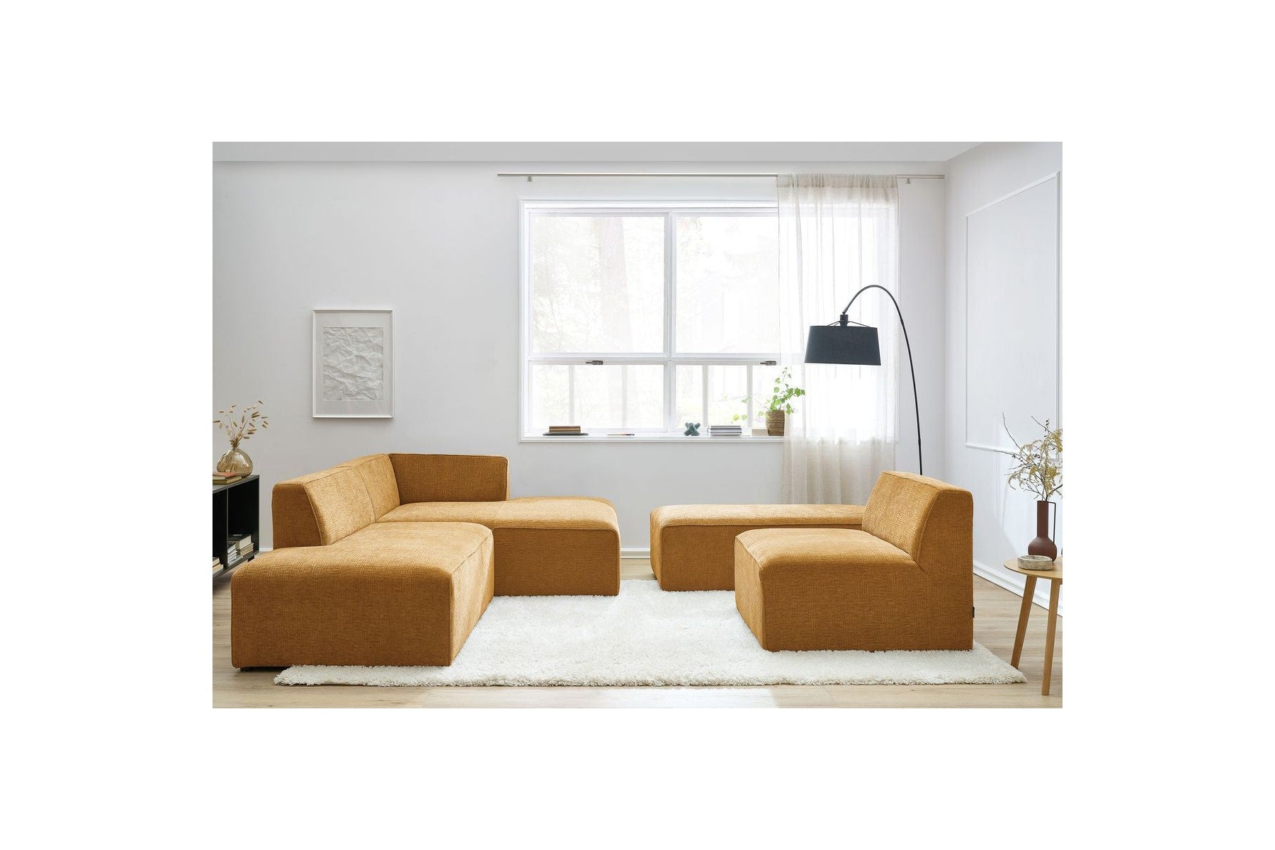 Canapé D'Angle Fixe Modulable - Megeve - Tissu Texturé - Avec 1 Chauffeuse Et 1 Pouf - Angle Droit