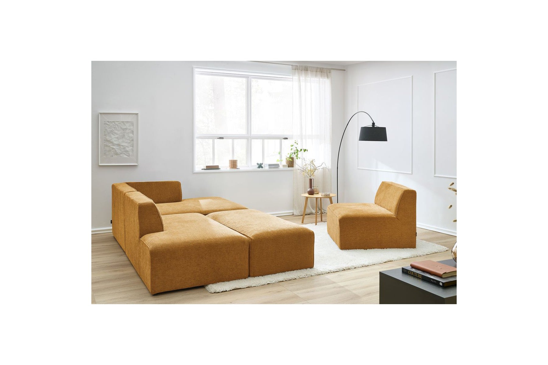 Canapé D'Angle Fixe Modulable - Megeve - Tissu Texturé - Avec 1 Chauffeuse Et 1 Pouf - Angle Droit