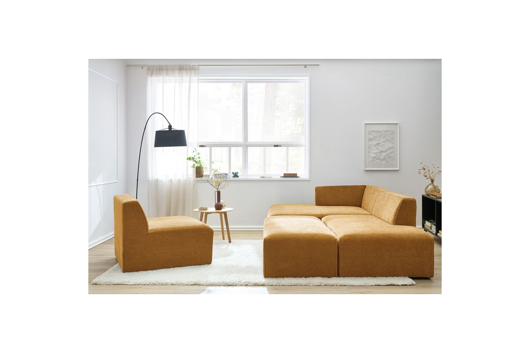 Canapé D'Angle Fixe Modulable - Megeve - Tissu Texturé - Avec 1 Chauffeuse Et 1 Pouf - Angle Gauche