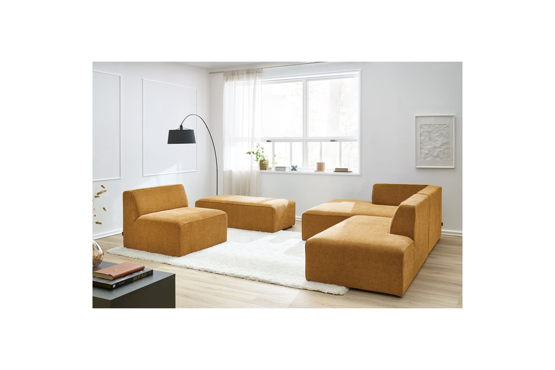 Canapé D'Angle Fixe Modulable - Megeve - Tissu Texturé - Avec 1 Chauffeuse Et 1 Pouf - Angle Gauche
