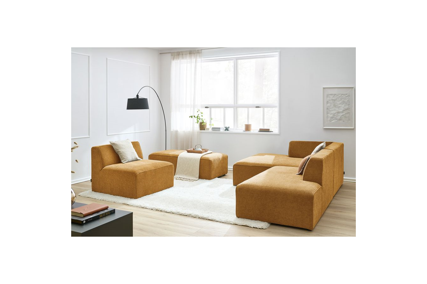 Canapé D'Angle Fixe Modulable - Megeve - Tissu Texturé - Avec 1 Chauffeuse Et 1 Pouf - Angle Gauche