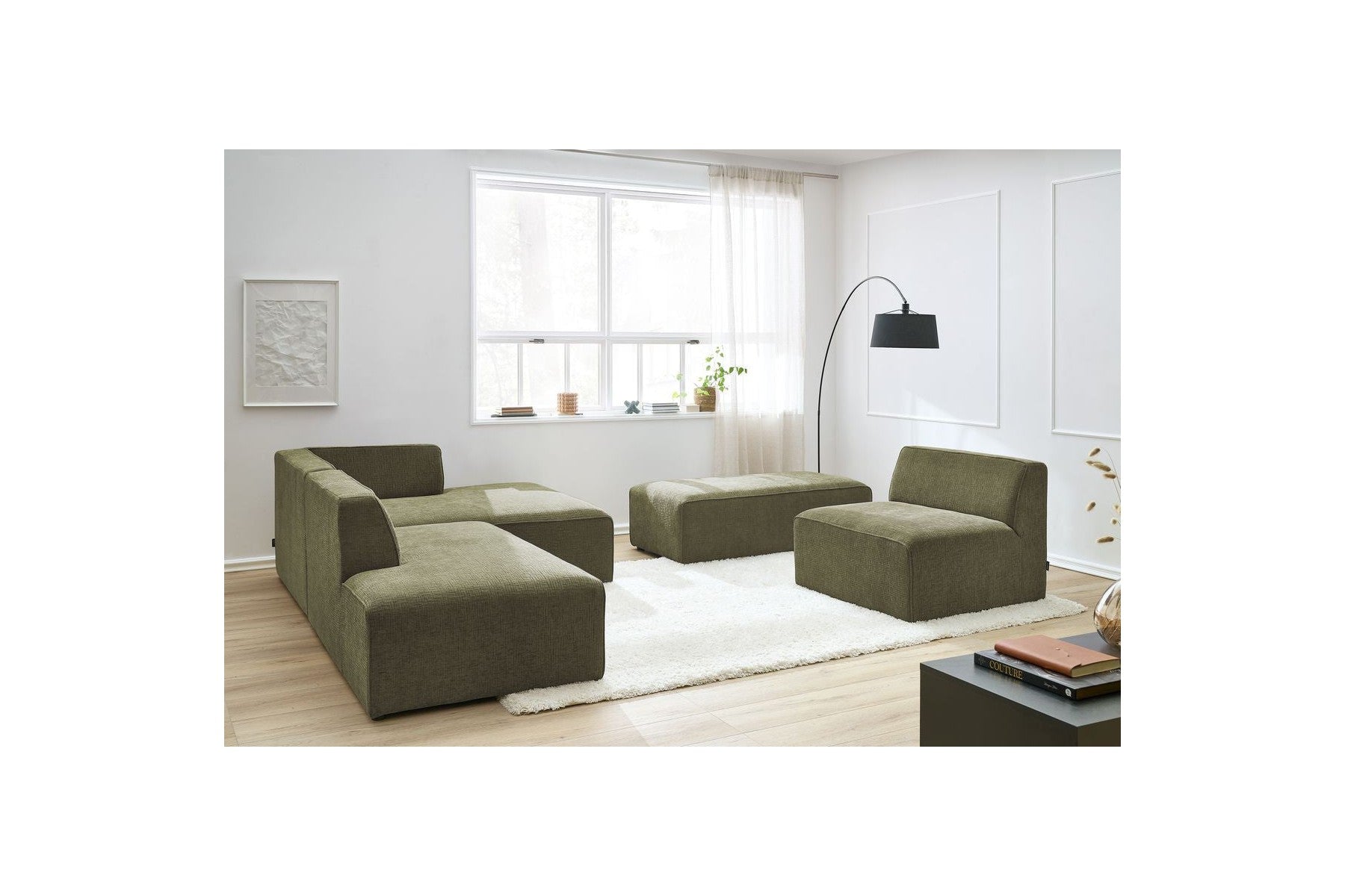 Canapé D'Angle Fixe Modulable - Megeve - Tissu Texturé - Avec 1 Chauffeuse Et 1 Pouf - Angle Droit