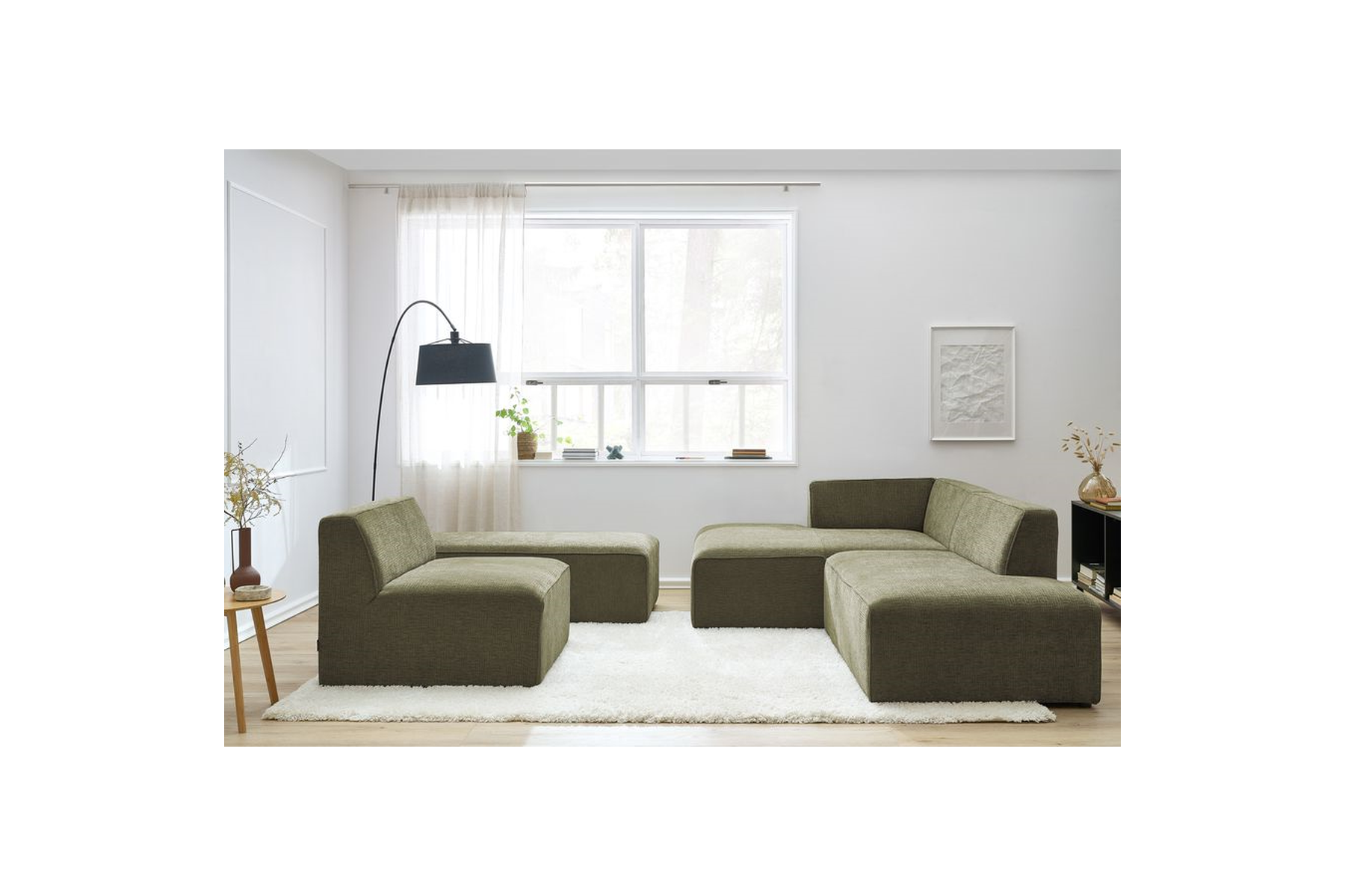 Canapé D'Angle Fixe Modulable - Megeve - Tissu Texturé - Avec 1 Chauffeuse Et 1 Pouf - Angle Gauche