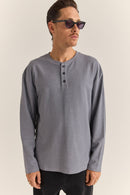 T-Shirt Vintage Terry Ls Henley - Indigo - Homme