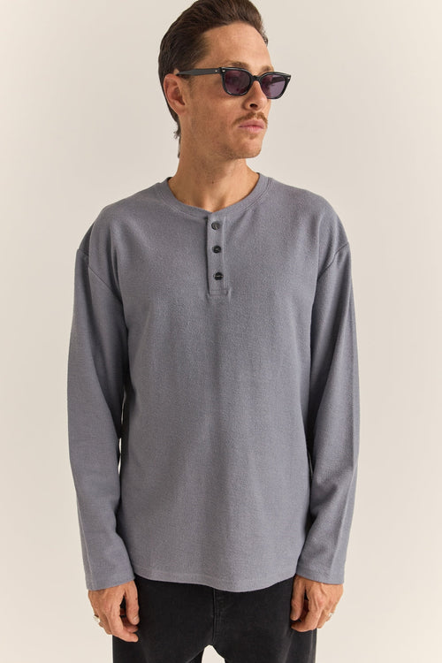 T-Shirt Vintage Terry Ls Henley - Indigo - Homme