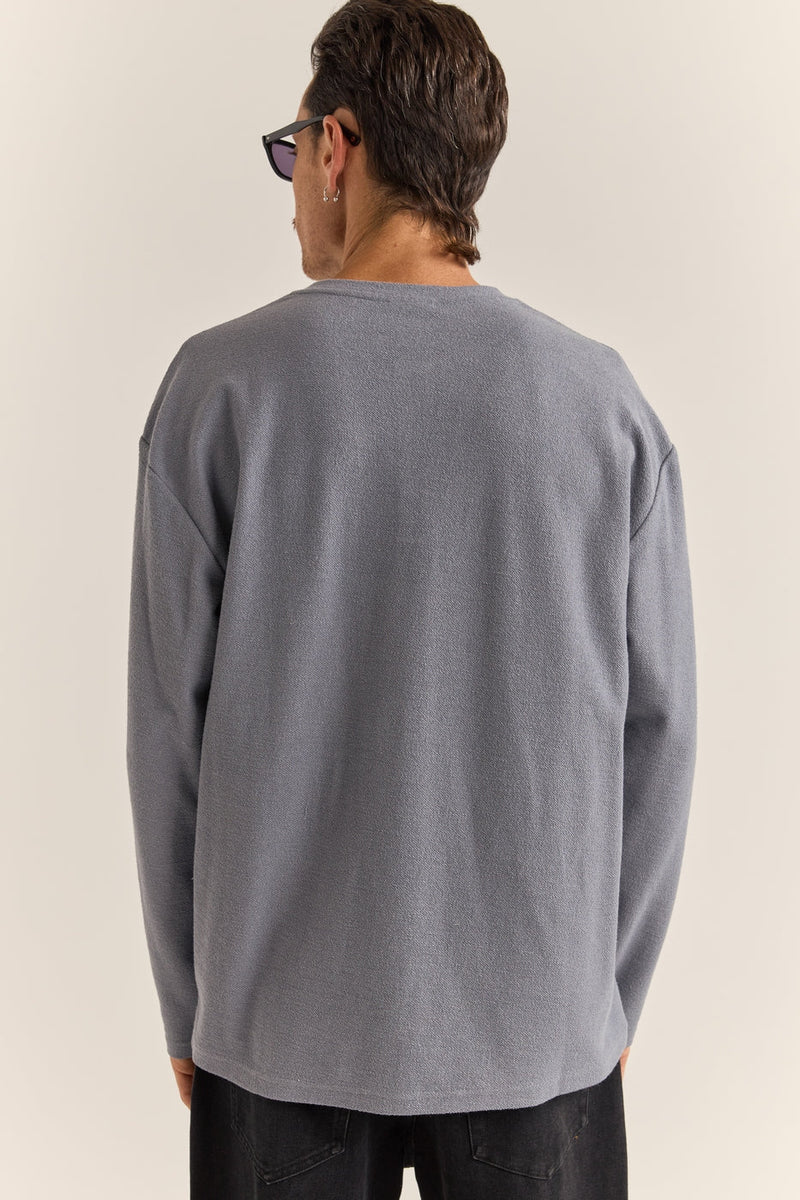 T-Shirt Vintage Terry Ls Henley - Indigo - Homme