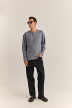 T-Shirt Vintage Terry Ls Henley - Indigo - Homme
