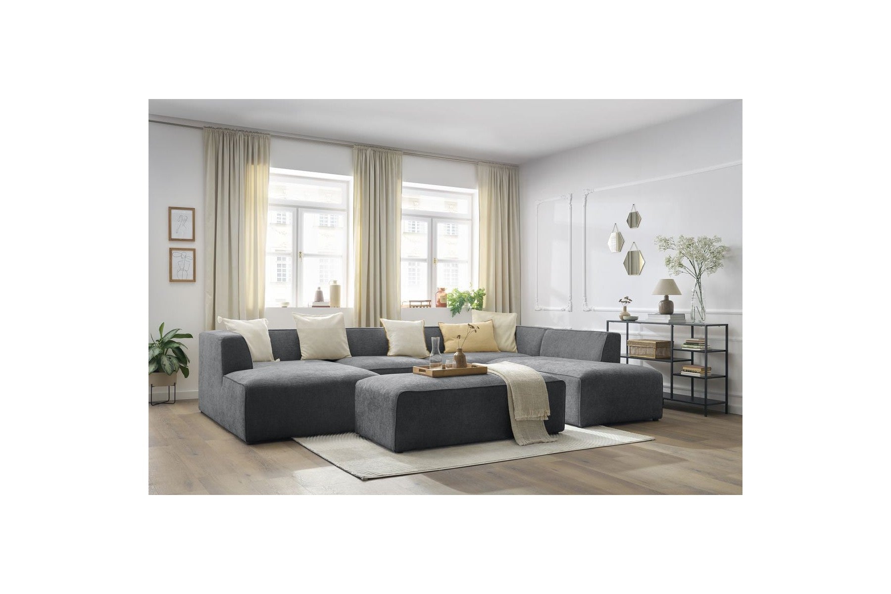 Fixed Panoramic Sofa - Megeve - With Pouffe - Textured Fabric - Left Corner