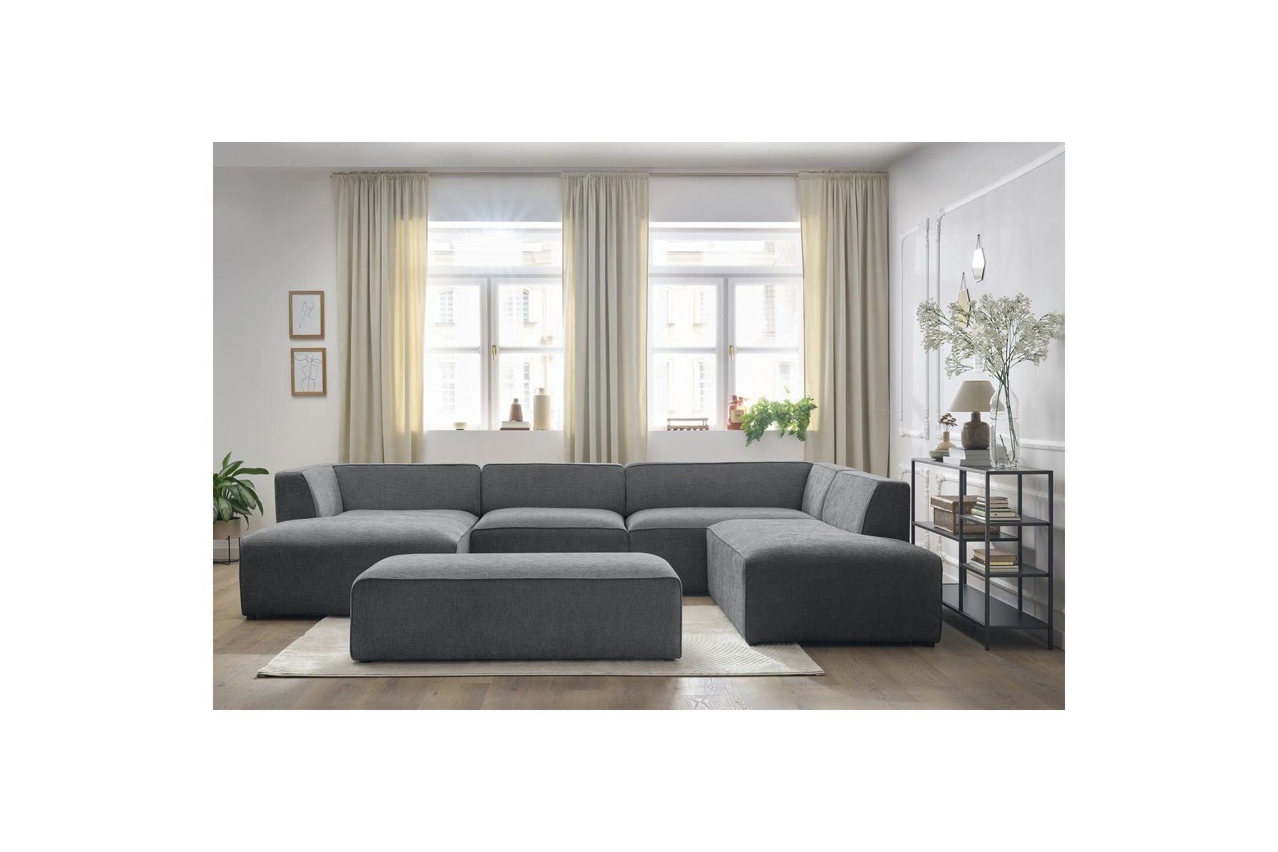 Fixed Panoramic Sofa - Megeve - With Pouffe - Textured Fabric - Left Corner