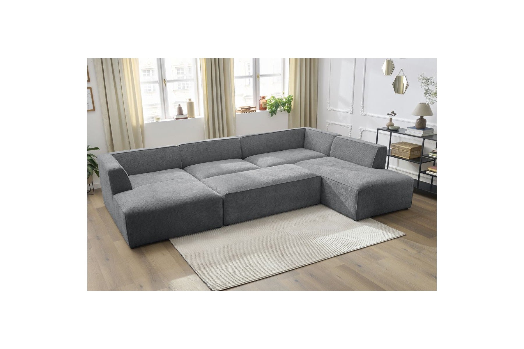 Fixed Panoramic Sofa - Megeve - With Pouffe - Textured Fabric - Left Corner