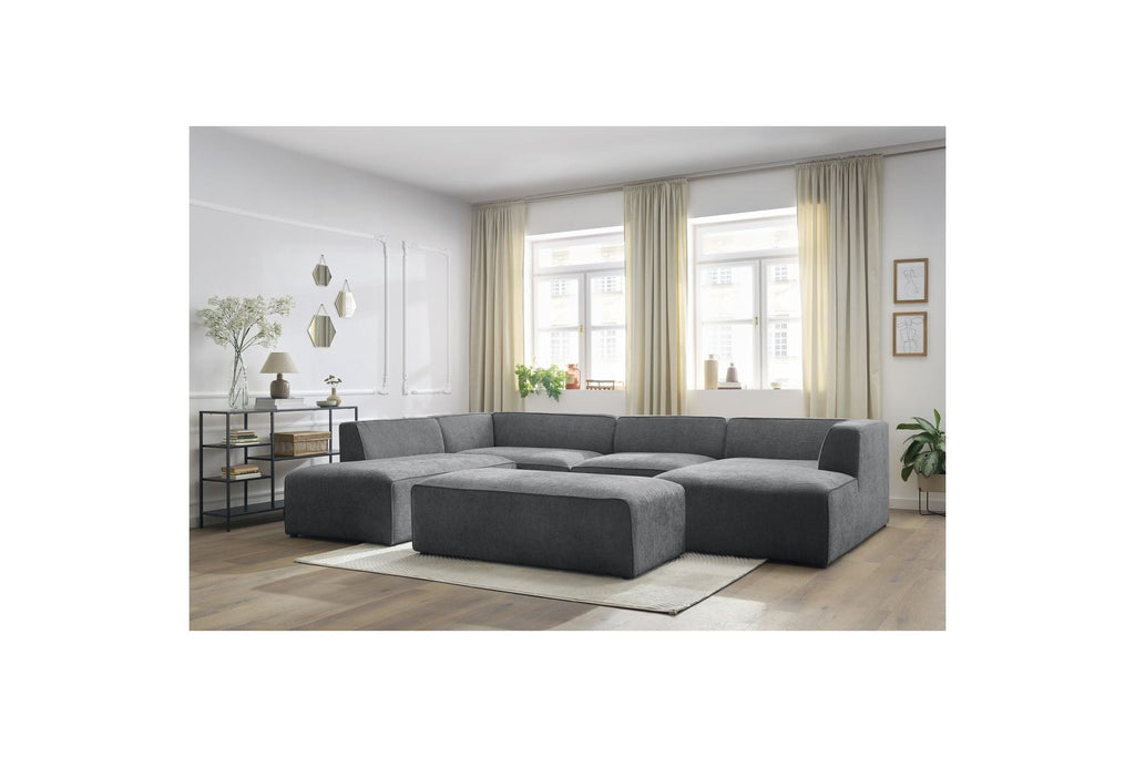 Fixed Panoramic Sofa - Megeve - With Pouffe - Textured Fabric - Right-Hand Corner