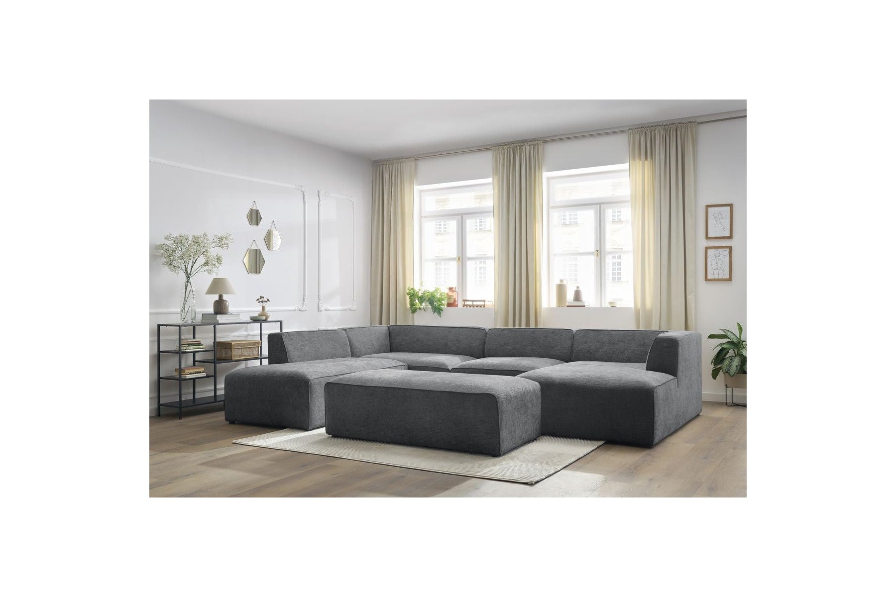 Fixed Panoramic Sofa - Megeve - With Pouffe - Textured Fabric - Right-Hand Corner