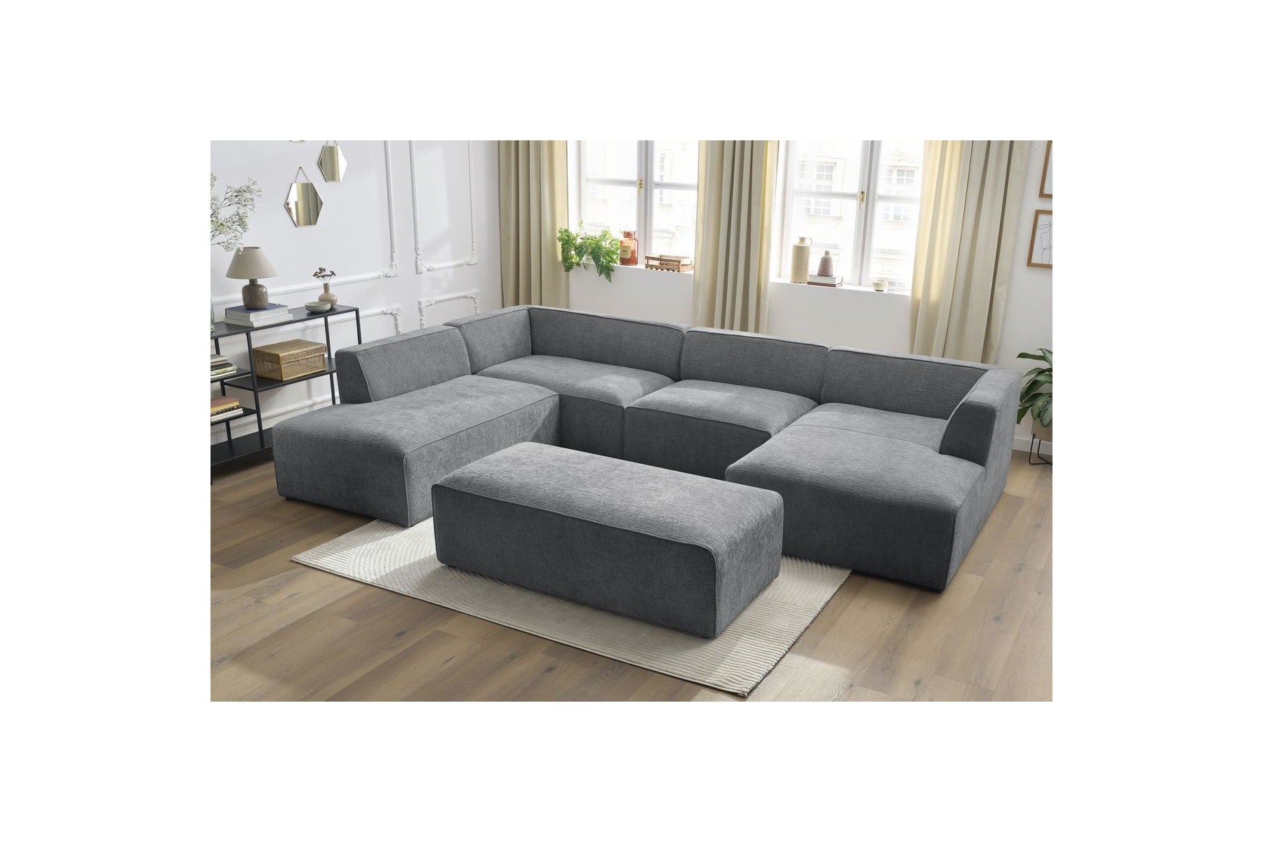 Fixed Panoramic Sofa - Megeve - With Pouffe - Textured Fabric - Right-Hand Corner