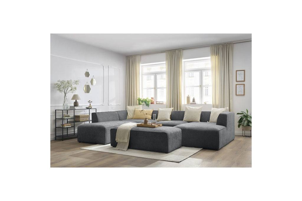 Fixed Panoramic Sofa - Megeve - With Pouffe - Textured Fabric - Right-Hand Corner