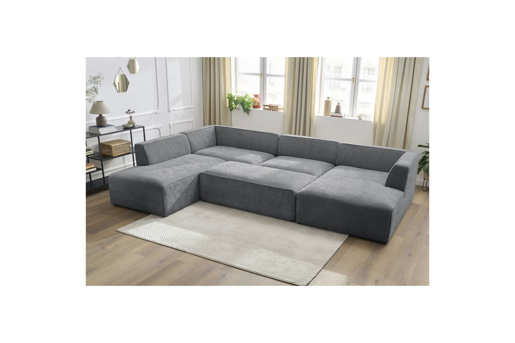 Fixed Panoramic Sofa - Megeve - With Pouffe - Textured Fabric - Right-Hand Corner
