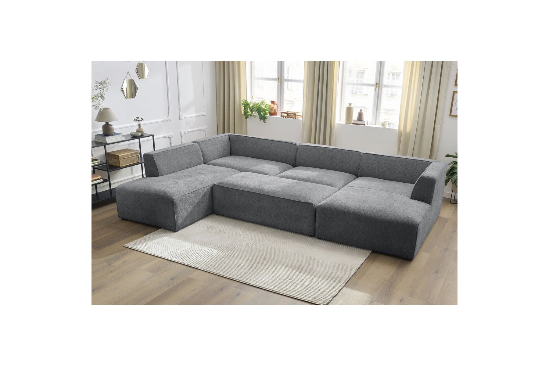 Fixed Panoramic Sofa - Megeve - With Pouffe - Textured Fabric - Right-Hand Corner