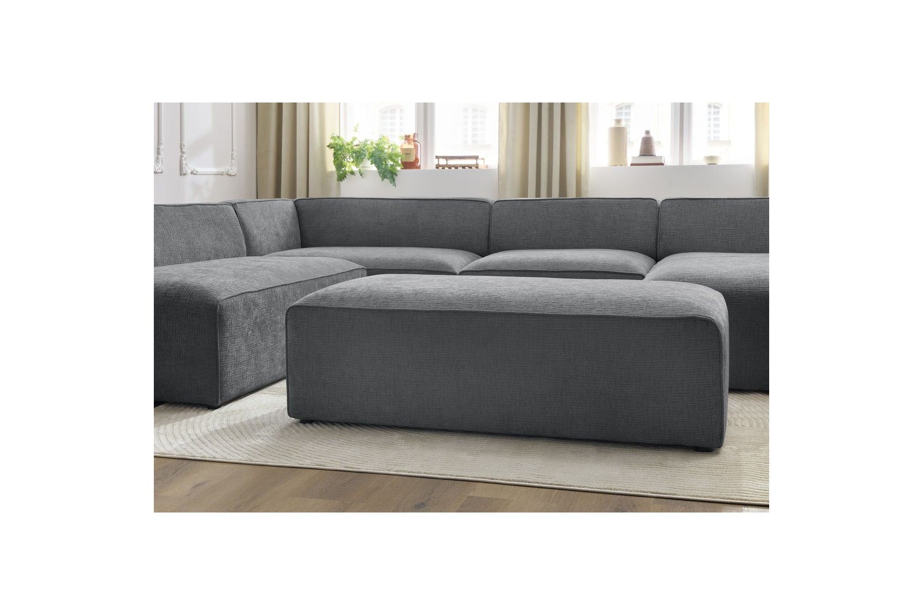 Fixed Panoramic Sofa - Megeve - With Pouffe - Textured Fabric - Right-Hand Corner