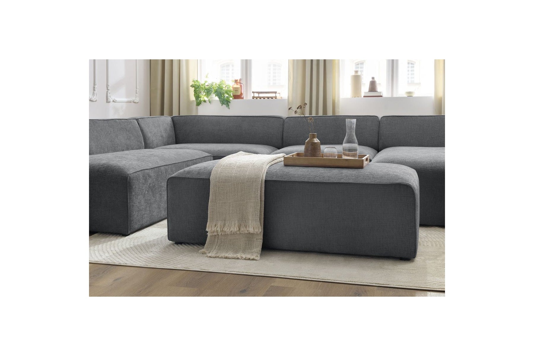 Fixed Panoramic Sofa - Megeve - With Pouffe - Textured Fabric - Right-Hand Corner