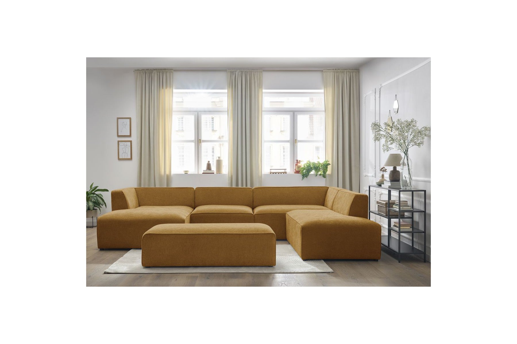 Fixed Panoramic Sofa - Megeve - With Pouffe - Textured Fabric - Left Corner