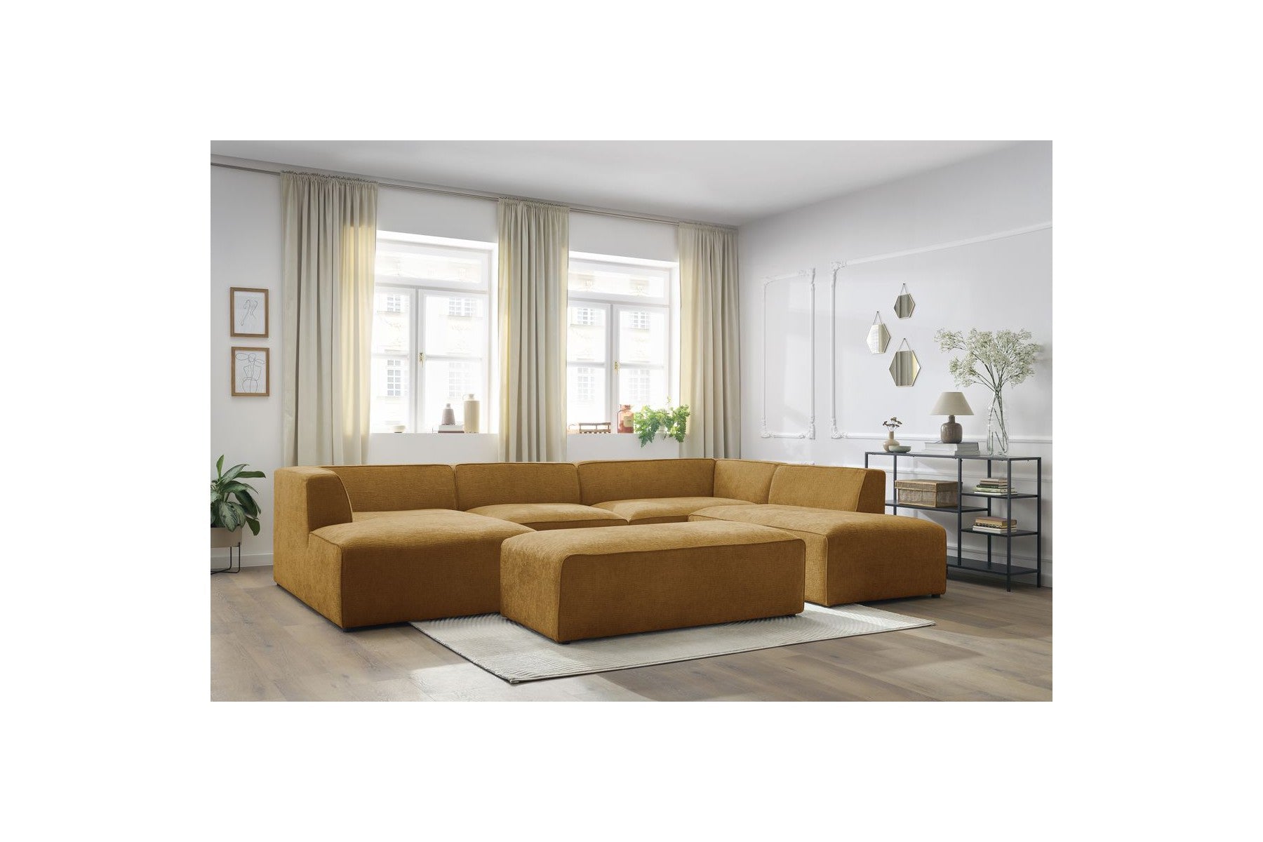 Fixed Panoramic Sofa - Megeve - With Pouffe - Textured Fabric - Left Corner