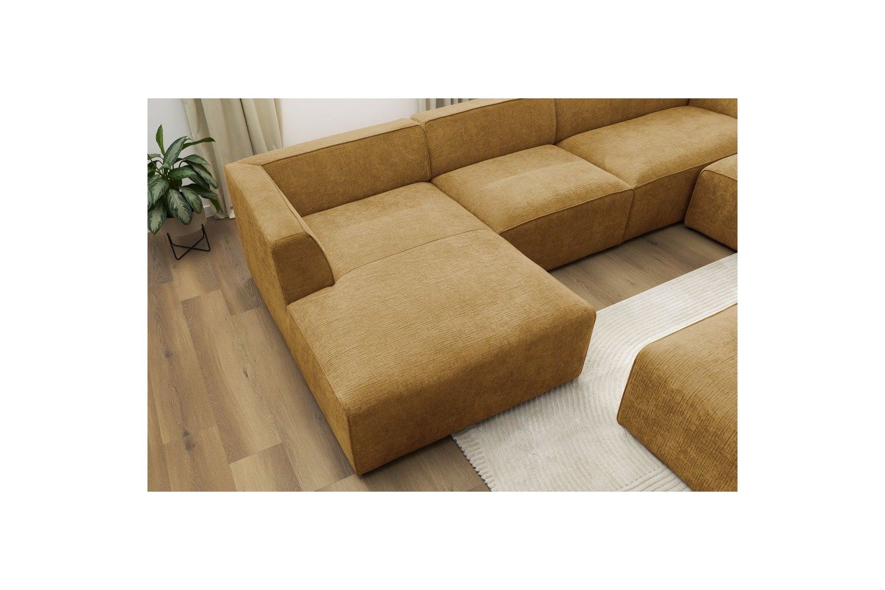 Fixed Panoramic Sofa - Megeve - With Pouffe - Textured Fabric - Left Corner