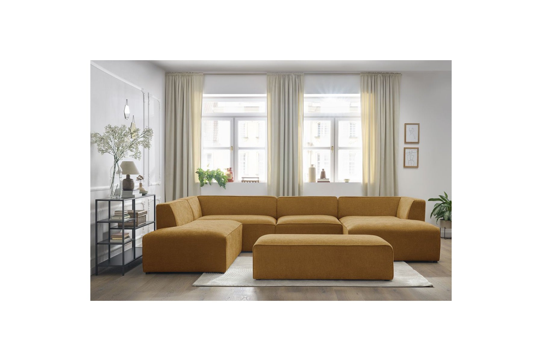 Fixed Panoramic Sofa - Megeve - With Pouffe - Textured Fabric - Right-Hand Corner
