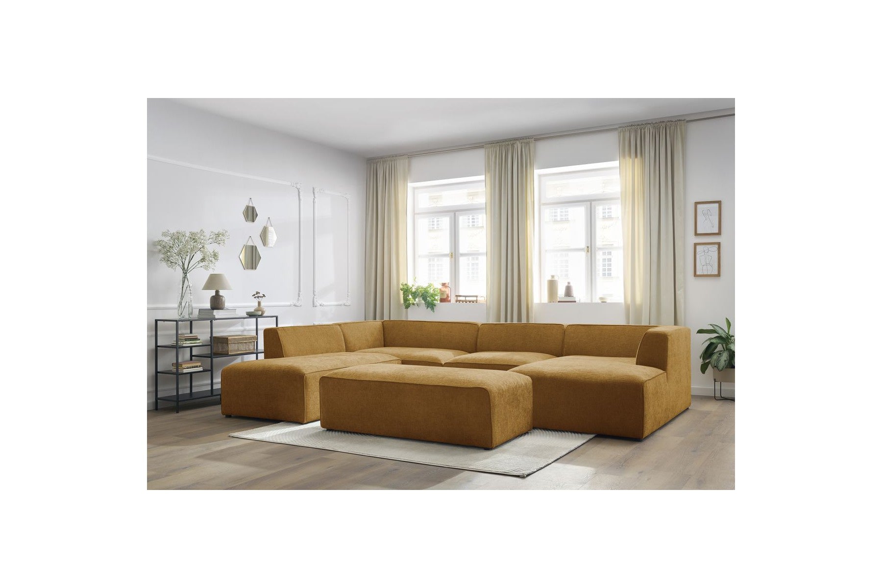 Fixed Panoramic Sofa - Megeve - With Pouffe - Textured Fabric - Right-Hand Corner