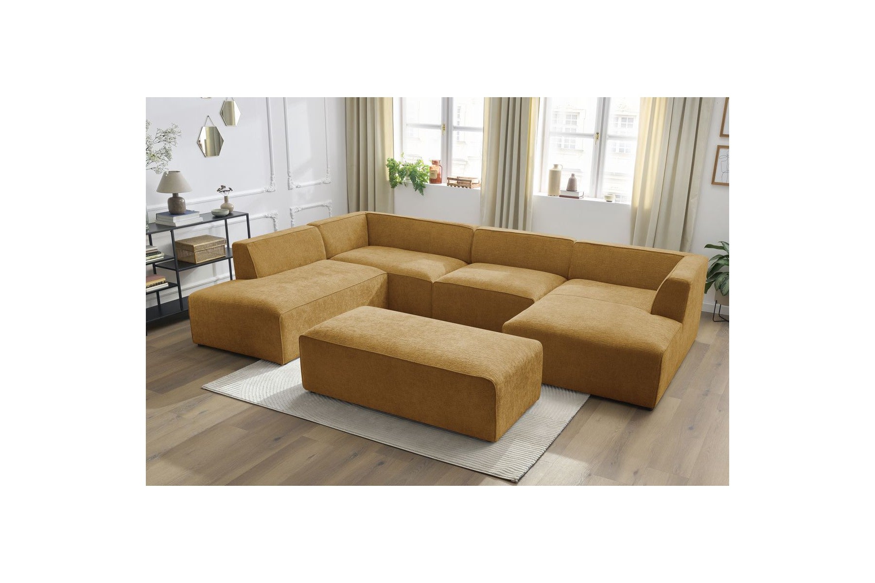 Fixed Panoramic Sofa - Megeve - With Pouffe - Textured Fabric - Right-Hand Corner