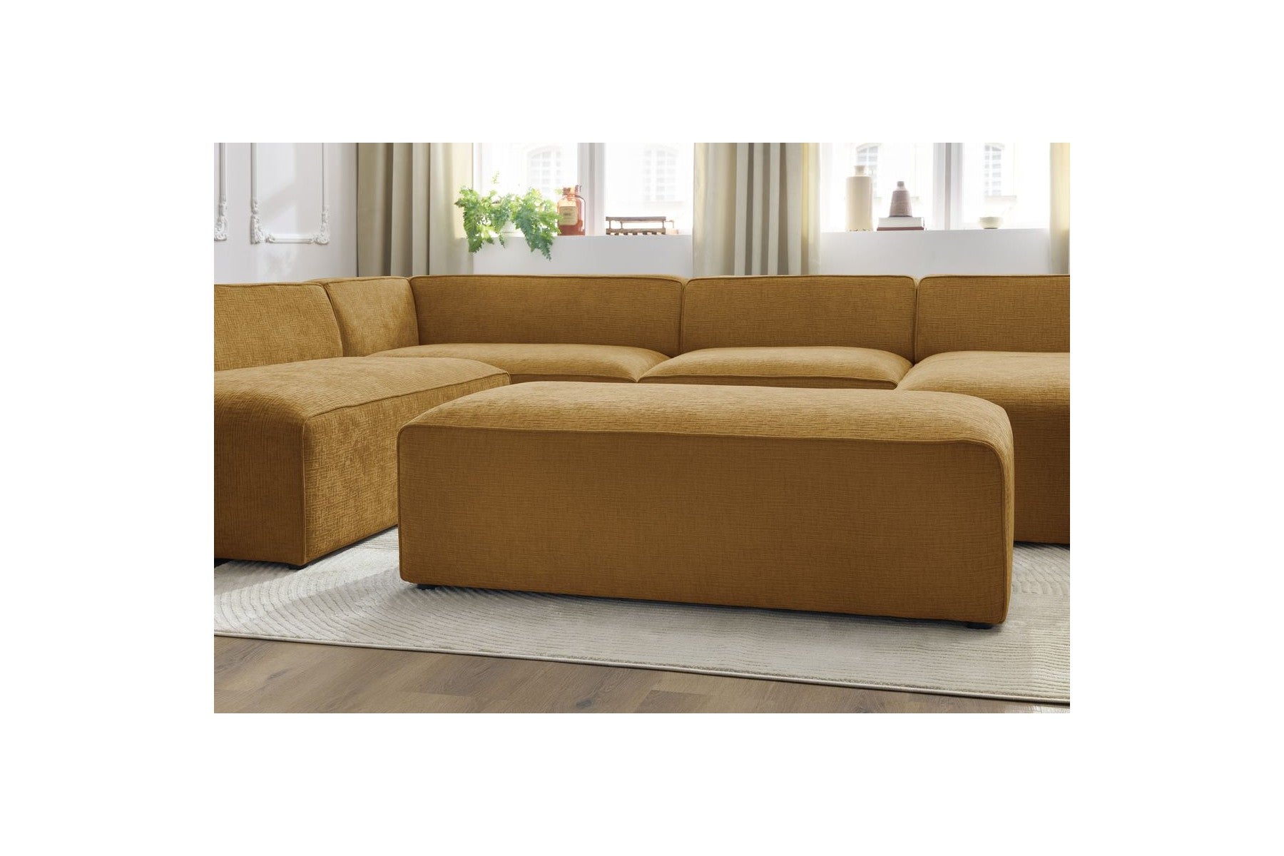 Fixed Panoramic Sofa - Megeve - With Pouffe - Textured Fabric - Right-Hand Corner