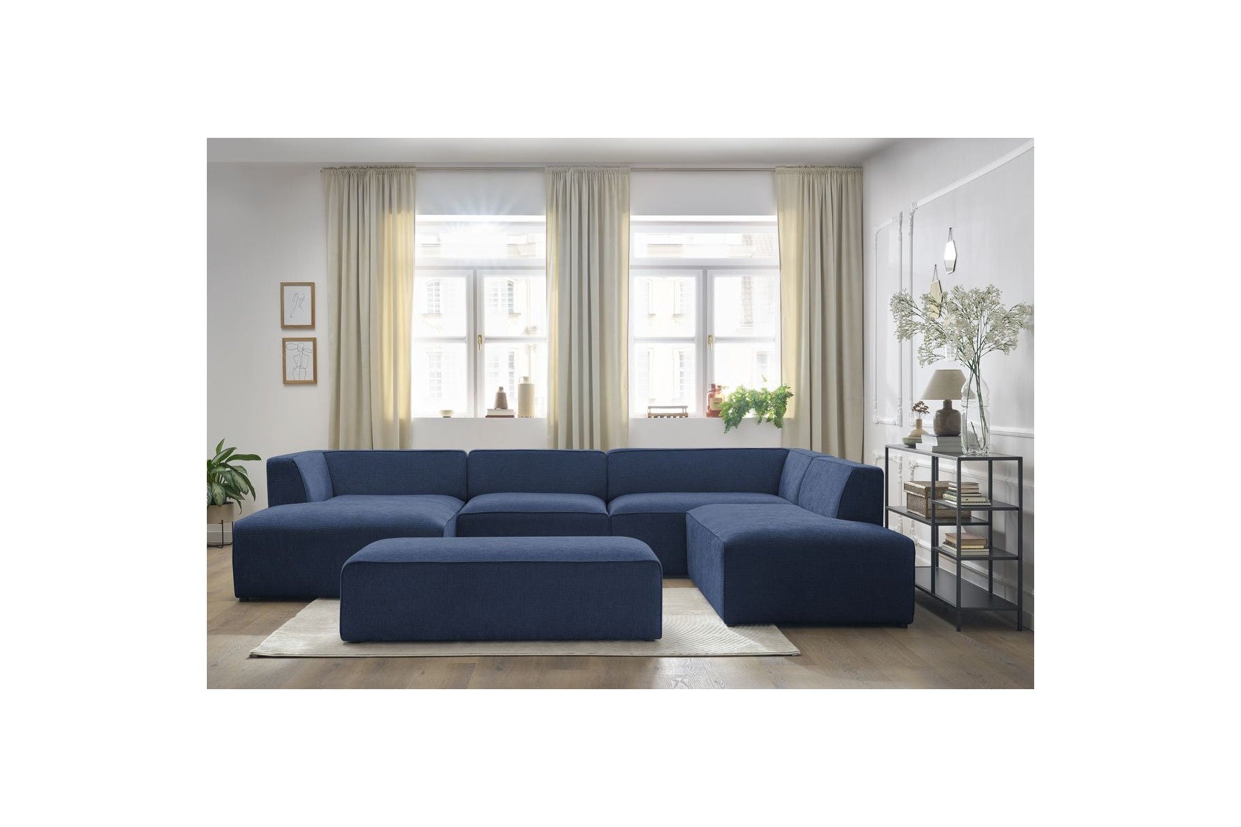 Fixed Panoramic Sofa - Megeve - With Pouffe - Textured Fabric - Left Corner