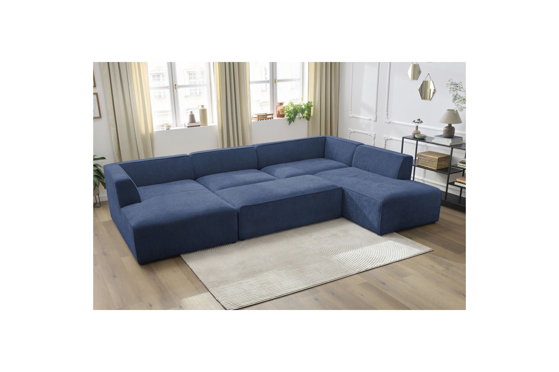 Fixed Panoramic Sofa - Megeve - With Pouffe - Textured Fabric - Left Corner