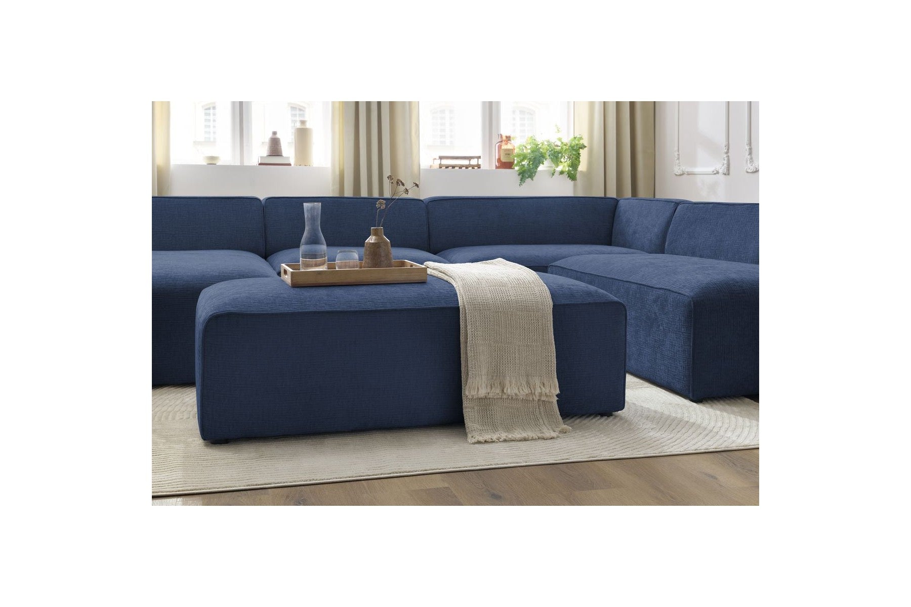 Fixed Panoramic Sofa - Megeve - With Pouffe - Textured Fabric - Left Corner