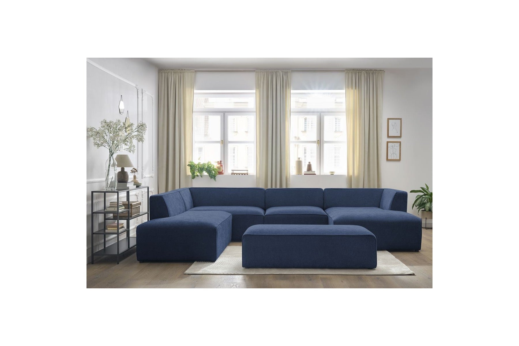 Fixed Panoramic Sofa - Megeve - With Pouffe - Textured Fabric - Right-Hand Corner