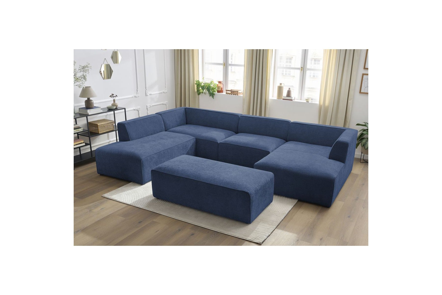 Fixed Panoramic Sofa - Megeve - With Pouffe - Textured Fabric - Right-Hand Corner