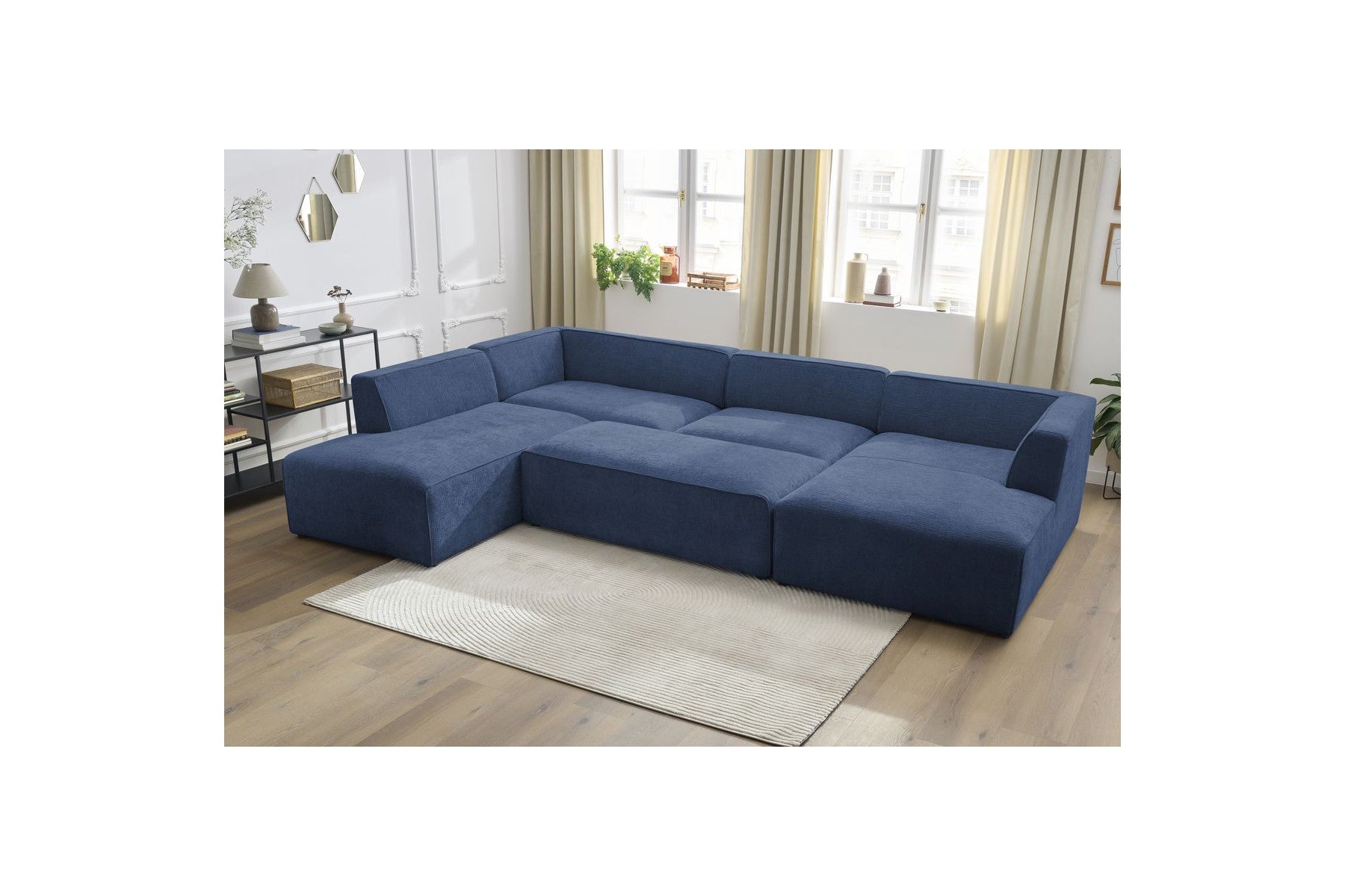 Fixed Panoramic Sofa - Megeve - With Pouffe - Textured Fabric - Right-Hand Corner