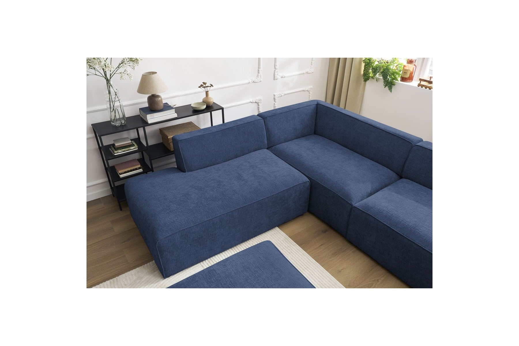 Fixed Panoramic Sofa - Megeve - With Pouffe - Textured Fabric - Right-Hand Corner