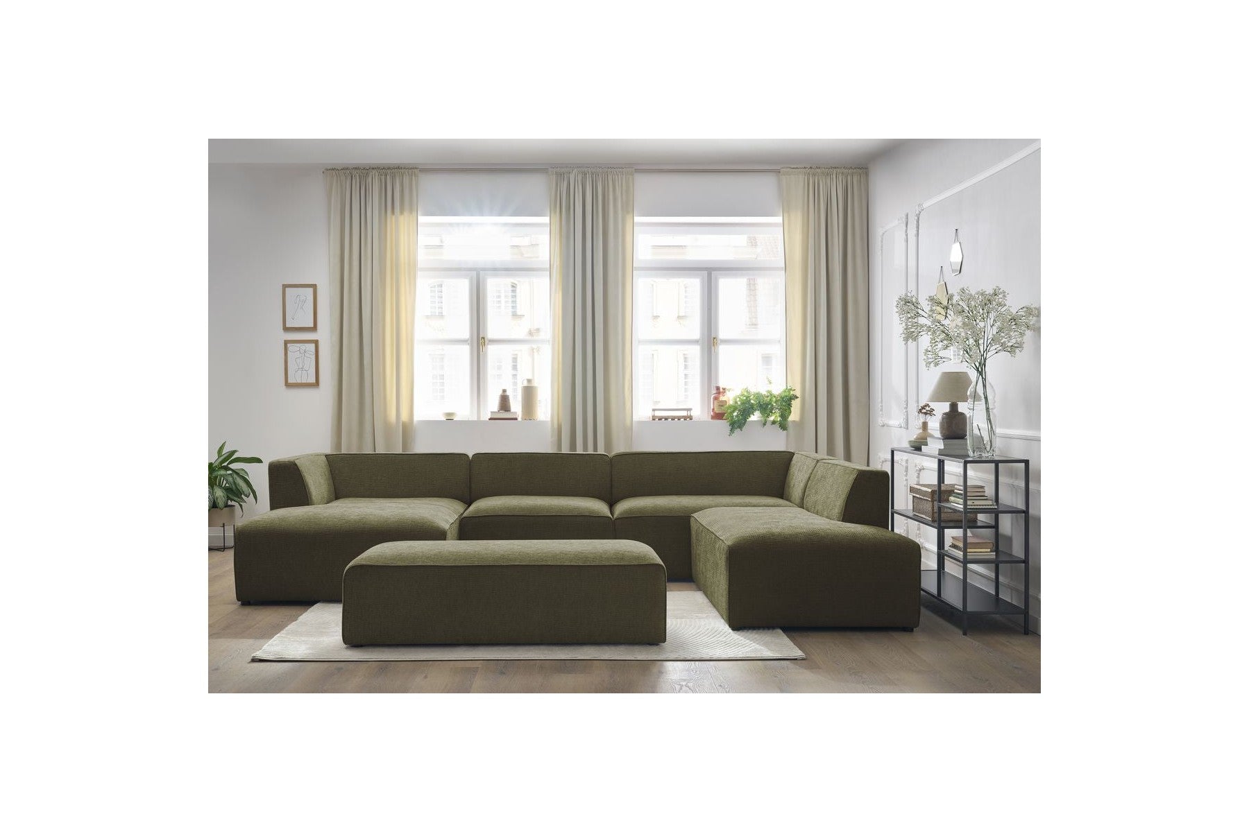 Fixed Panoramic Sofa - Megeve - With Pouffe - Textured Fabric - Left Corner